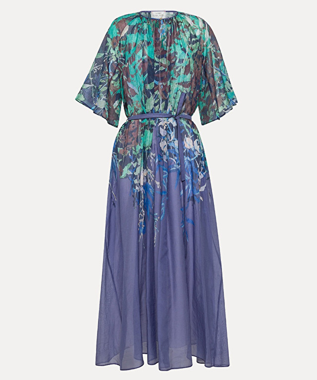 long dress in silk–and–cotton voile in the “heaven” print